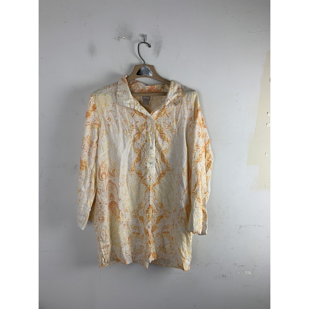 Chicos Womens Shirt 3 Sz 16/18 Paisley 100% Linen Beachy Coastal Button Up Relax